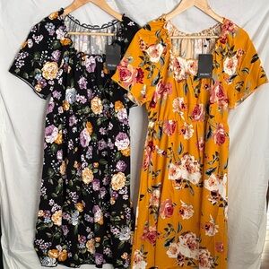 Floral Midi Dress - Black and Mustard